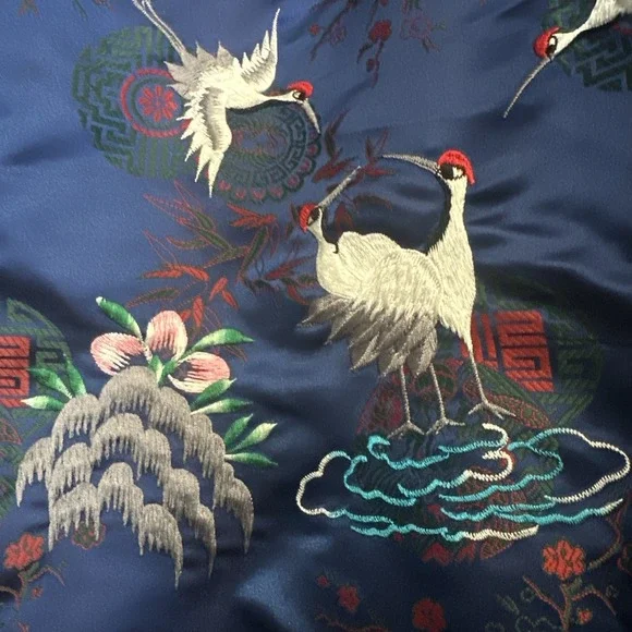 Vintage Silk Blend Chinese Hand Embroidered Kimono Robe Flower Birds Crane Stork - Picture 9 of 9
